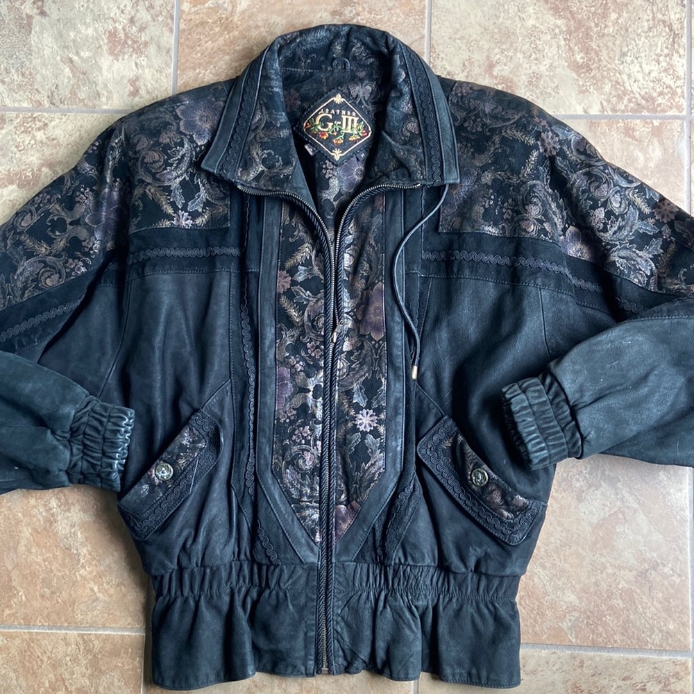 Stylish Black Leather Jacket with Floral Accents